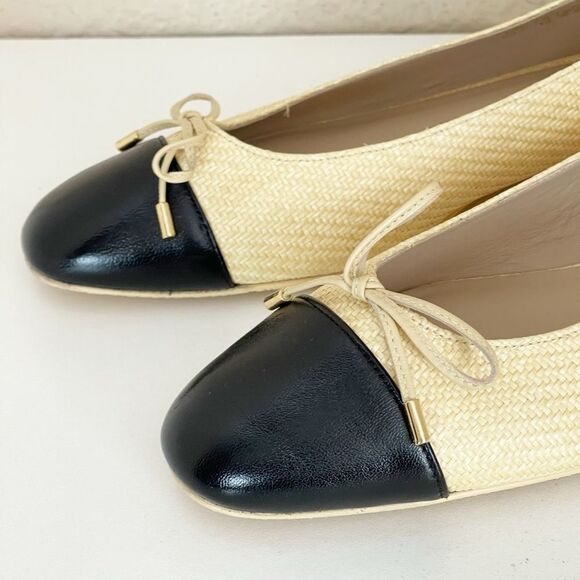 Stuart Weitzman Sleek Bow rounded toe black ballet Flats with natural raffia 8.5 - Picture 13 of 17